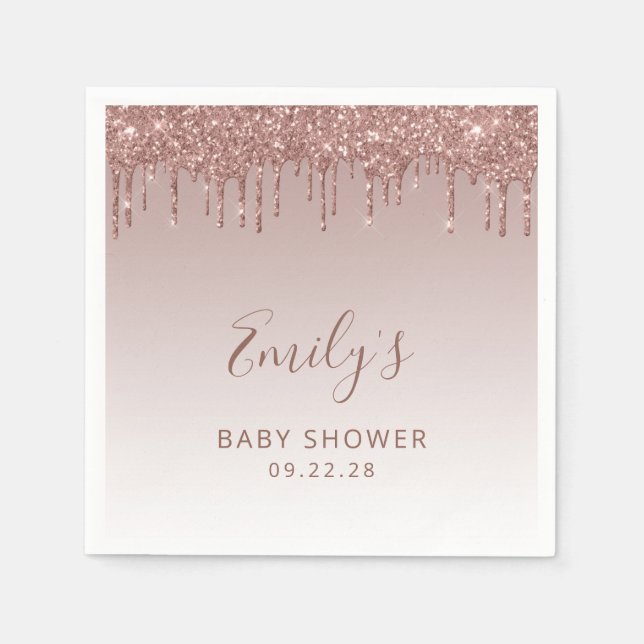 Rose Gold Glitter Drip Girl Baby Shower Napkin (Front)