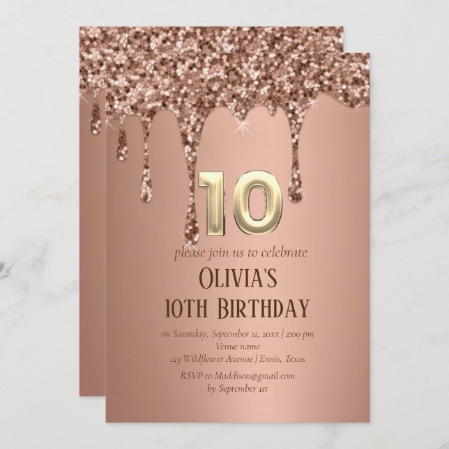 Rose Gold Glitter Drip Girl Girly 10th Birthday  Invitation (Front/Back)