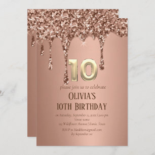 Rose Gold Glitter Drip Girl Girly 10th Birthday  Invitation