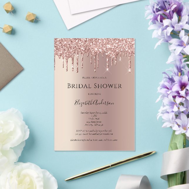 Rose Gold Glitter Drip Glam Trendy Bridal Shower Acrylic Invitations (Insitu (Wedding))