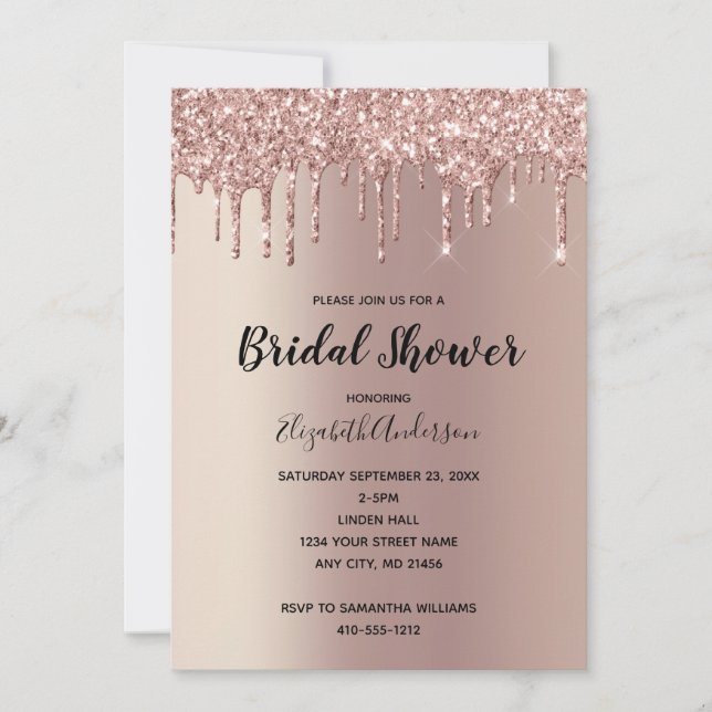 Rose Gold Glitter Drip Glam Trendy Bridal Shower Invitation (Front)