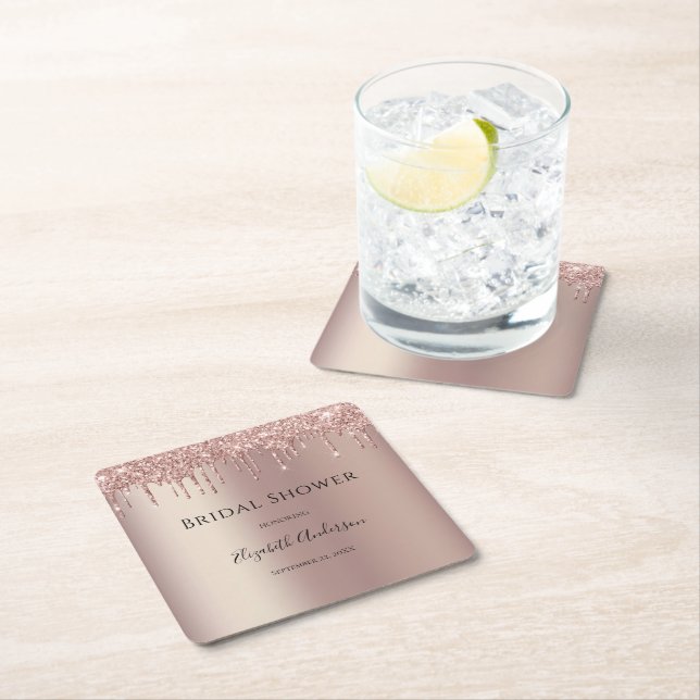 Rose Gold Glitter Drip Glam Trendy Bridal Shower Square Paper Coaster (Insitu)