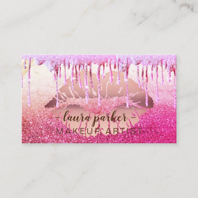 Rose Gold Glitter Drip Lips Makeup Artist Salon Business Card (Front)