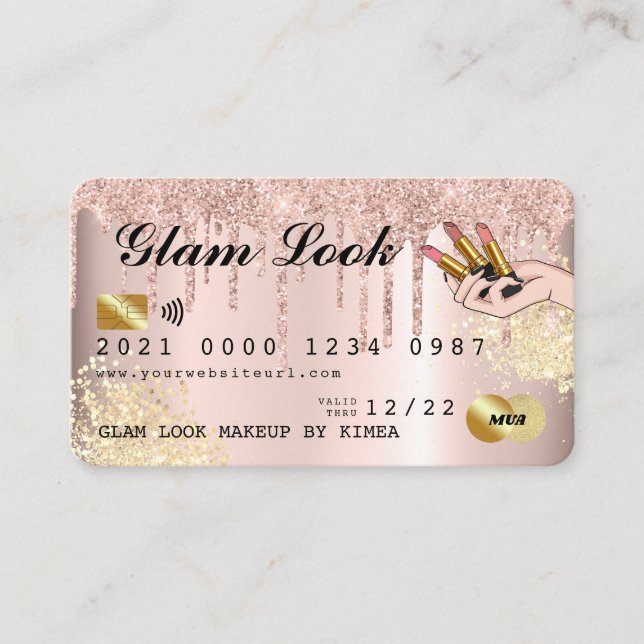 Rose Gold Glitter Drip Makeup Artist Credit Card (Front)