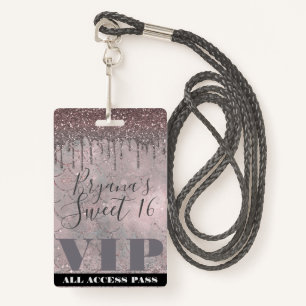 Rose Gold Glitter Drip Mermaid Sweet 16 VIP Pass ID Badge