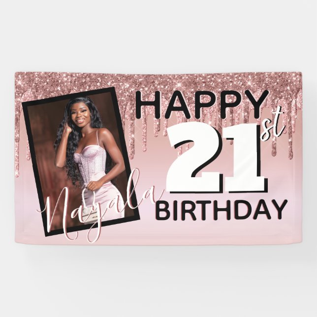 Rose Gold Glitter Drip|Monogram|AGE Photo Birthday Banner (Horizontal)