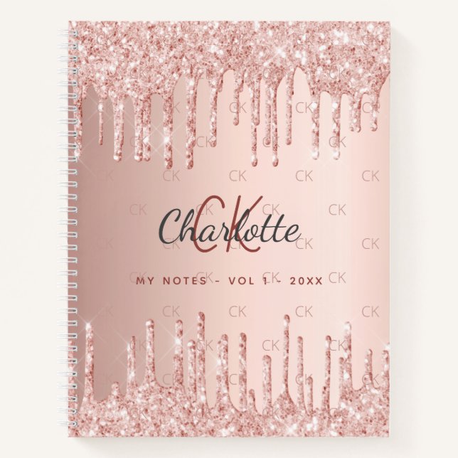 Rose gold glitter drip monogram script notebook (Front)