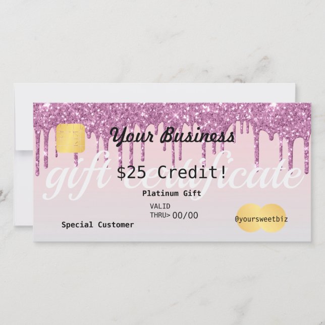 Rose Gold Glitter Drip Ombre Gift Certificate Thank You Card (Front)