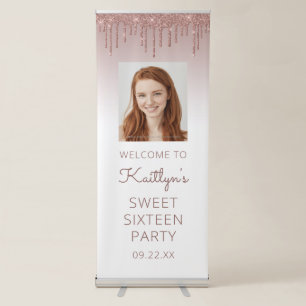 Rose Gold Glitter Drip Photo 16th Birthday Party Retractable Banner
