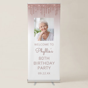 Rose Gold Glitter Drip Photo 80th Birthday Party Retractable Banner