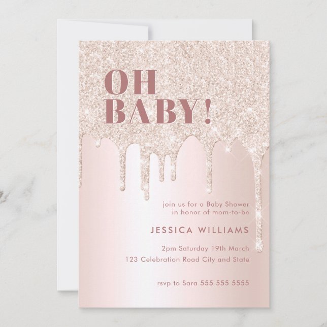 Rose Gold Glitter Drip Pink Girl Oh Baby Shower  Invitation (Front)