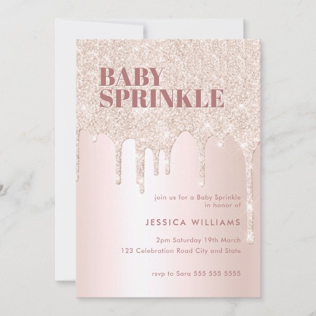 Rose Gold Glitter Drip Pink Girl Oh Baby Sprinkle Invitation (Front)