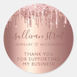 Rose Gold Glitter Drip Small Business Thank You Classic Round Sticker