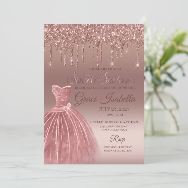 Rose Gold Glitter Drip Sweet Sixteen Birthday Invitation (Standing Front)