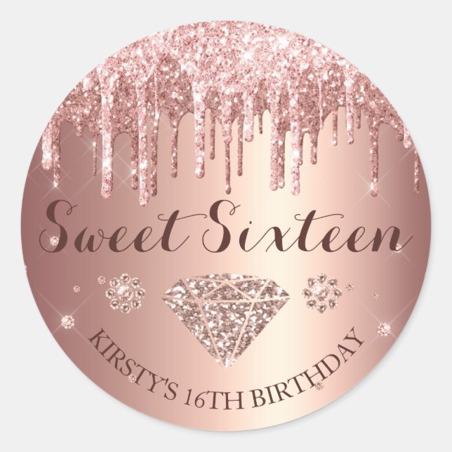 Rose Gold Glitter Drip Sweet Sixteen Classic Round Sticker (Front)