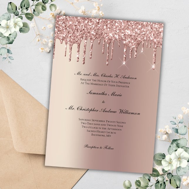Rose Gold Glitter Drip Trendy Elegant Wedding  Invitation (Rose Gold Dripping Glitter Trendy Modern Glam Bling Wedding Invitation)