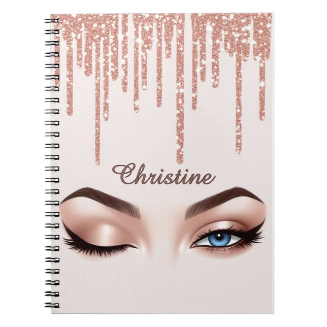 Rose Gold Glitter Drip With Feminine Eye Makeup Notebook (Front)