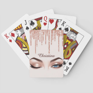 Rose Gold Glitter Drip With Feminine Eye Makeup Playing Cards