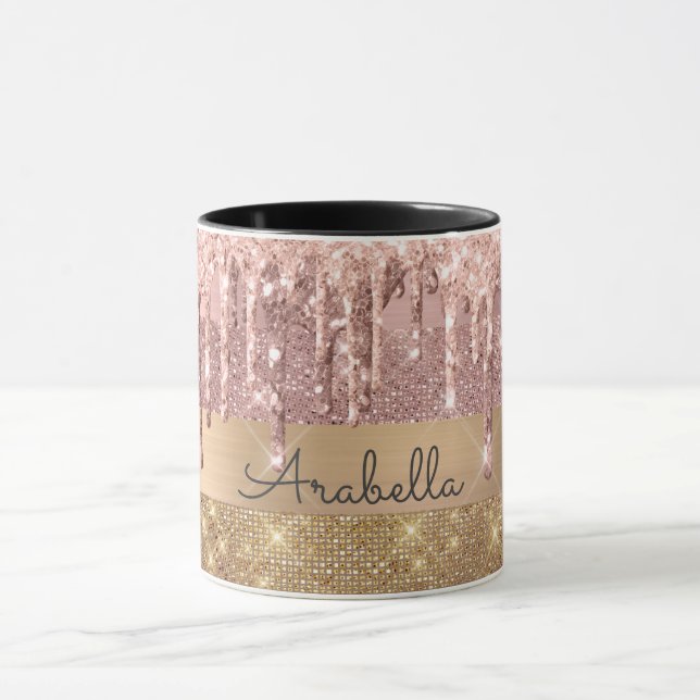 Rose Gold Glitter Dripping Gold Stripes Monogram Mug (Center)