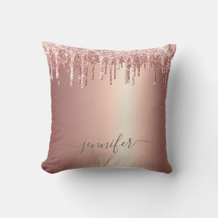 Rose Gold Glitter Dripping Monogram Throw Cushion