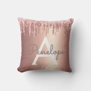 Rose Gold Glitter Dripping Monogram Throw Cushion