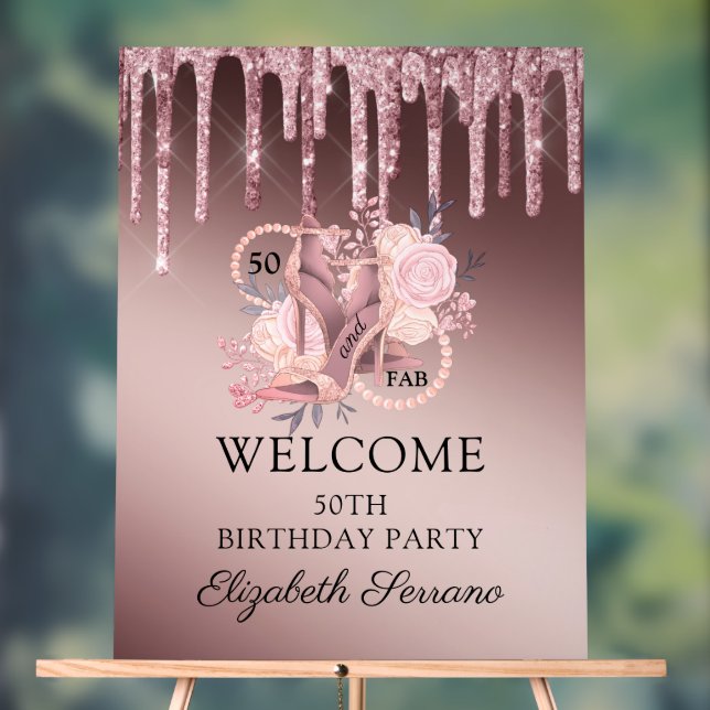 Rose Gold Glitter Drips 50th Birthday Acrylic Sign (Neutral)