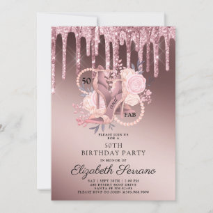 Rose Gold Glitter Drips 50th Birthday Invitation