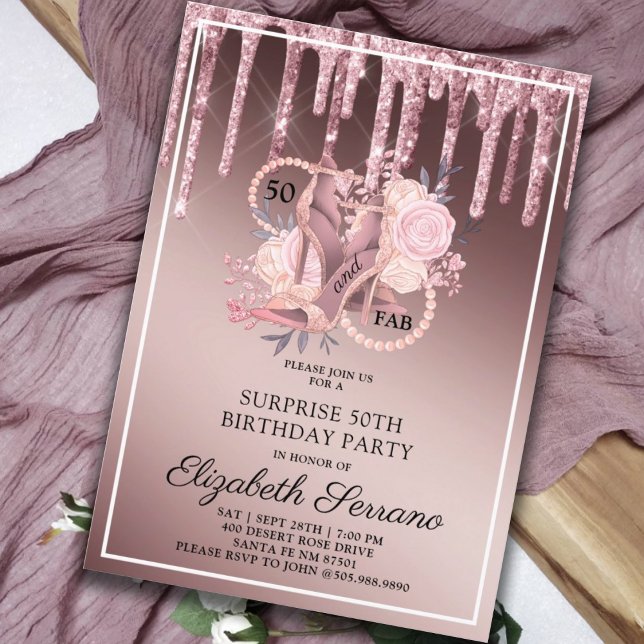 Rose Gold Glitter Drips 50th Birthday Invitation (Creator Uploaded)