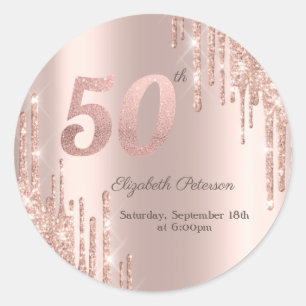 Rose Gold Glitter Drips 50th Birthday Party Classic Round Sticker