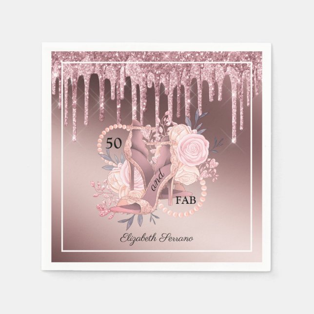 Rose Gold Glitter Drips 50th Birthday Surprise Napkin (Front)
