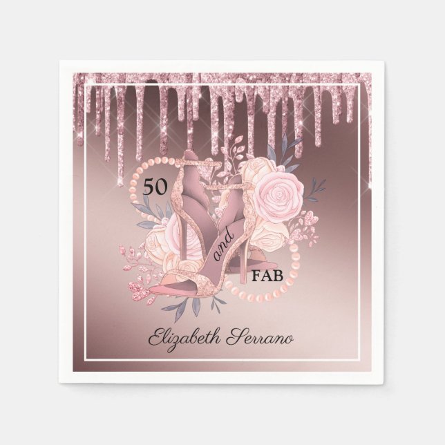 Rose Gold Glitter Drips 50th Birthday Surprise Napkin (Front)