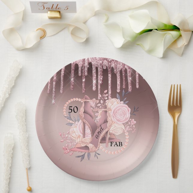 Rose Gold Glitter Drips 50th Birthday Surprise Paper Plate (Wedding)