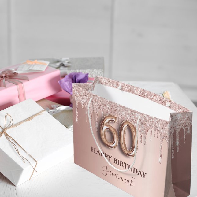 Rose gold glitter drips 60th birthday large gift bag (Creator Uploaded)