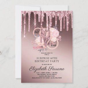 Rose Gold Glitter Drips 60th Birthday Surprise Invitation