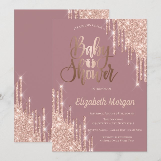 Rose Gold Glitter Drips Baby Foots Baby Shower Invitation (Front/Back)