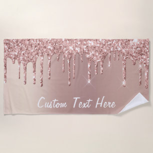 Rose Gold Glitter Drips Beach Towel - Your Text
