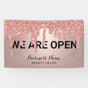 Rose Gold Glitter Drips Beauty Salon We are Open B Banner