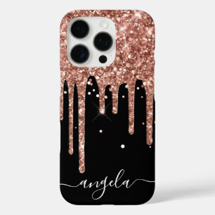 Rose Gold Glitter Drips Black Glam Signature iPhone 16 Pro Case