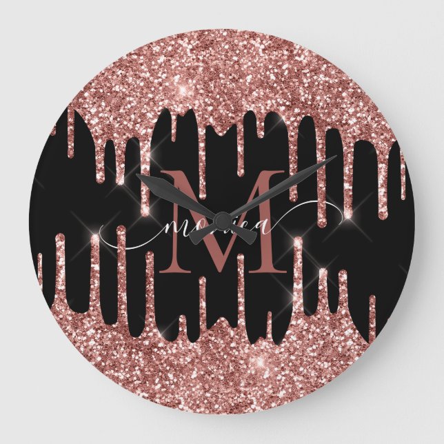Rose Gold Glitter Drips Black Monogram Personalize Large Clock (Front)