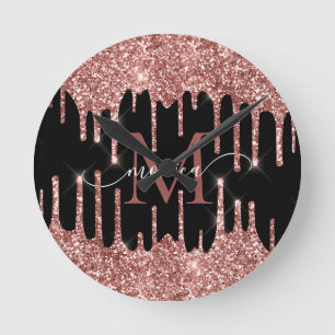 Rose Gold Glitter Drips Black Monogram Personalize Round Clock