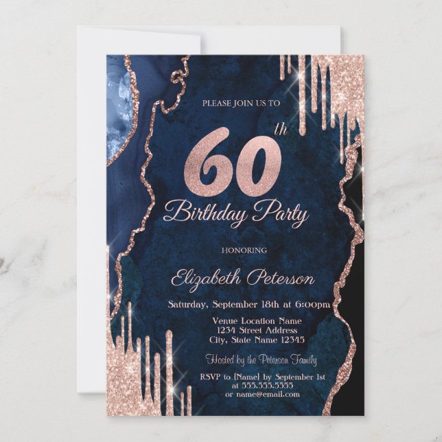 Rose Gold Glitter Drips Blue Agate Marble 60th Invitation (Front)