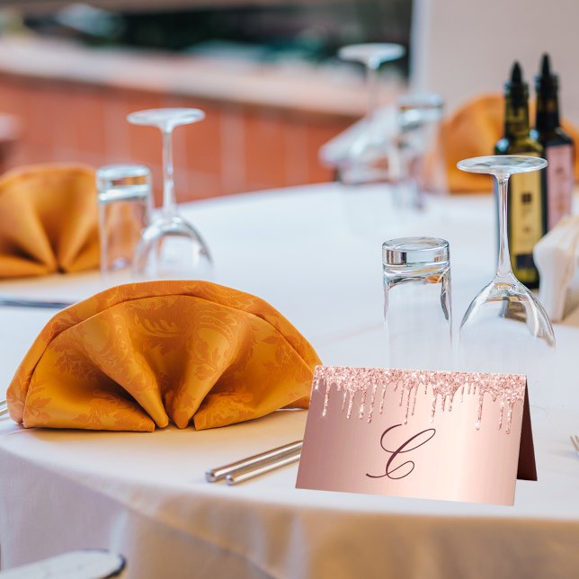 Rose gold glitter drips blush monogram initial place card (Creator Uploaded)