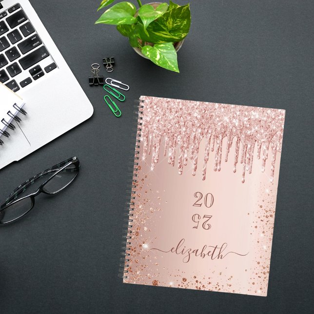 Rose gold glitter drips blush monogram name 2024 planner (Creator Uploaded)