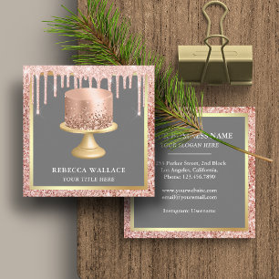 Rose Gold Glitter Drips Blush Pink Custom Cake Square Business Card