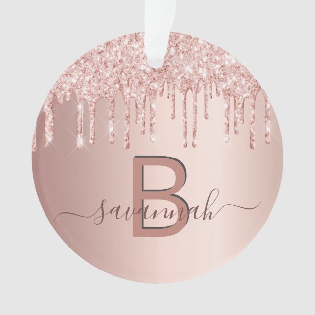 Rose gold glitter drips blush pink monogram ornament (Front)