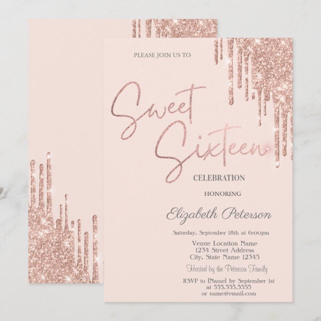 Rose Gold Glitter Drips Blush Pink Sweet 16  Invitation (Front/Back)