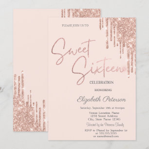 Rose Gold Glitter Drips Blush Pink Sweet 16  Invitation