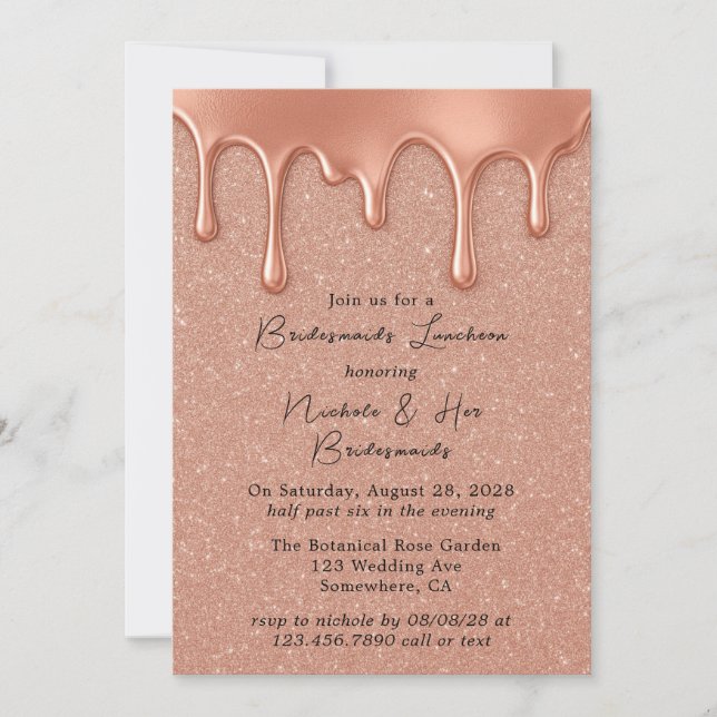 Rose Gold Glitter & Drips Bridesmaids Luncheon Invitation (Front)