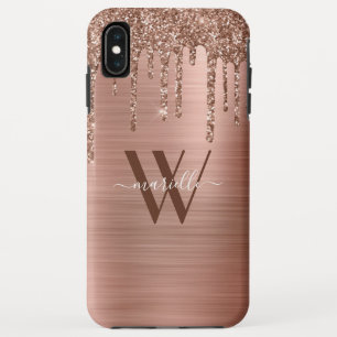 Rose Gold Glitter Drips Brushed Metal Monogram iPhone XS Max Case