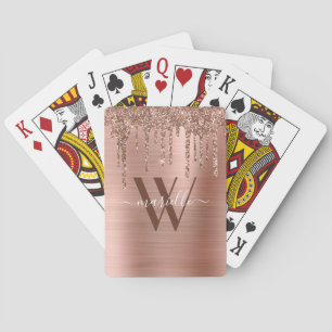 Rose Gold Glitter Drips Brushed Metal Red Monogram Playing Cards